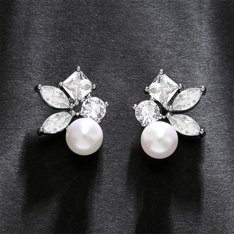 RAKOL European and American Cross-border Fashion Commuter Personalized Earrings, Square Horse Eye Zircon Pearl Simple Earrings