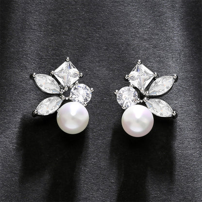 RAKOL European and American Cross-border Fashion Commuter Personalized Earrings, Square Horse Eye Zircon Pearl Simple Earrings