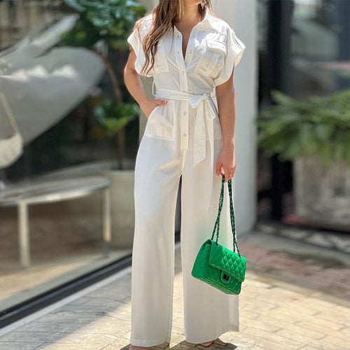2025 Summer New Cross-border European and American Solid Color Casual Fashion Versatile Commuter Loose V-Neck Lace-up Jumpsuit 661