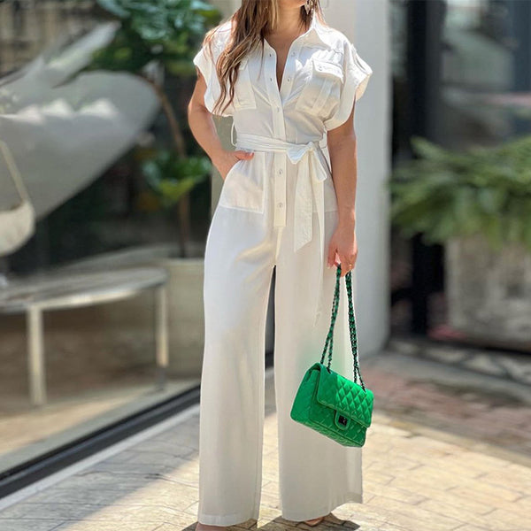 2025 Summer New Cross-border European and American Solid Color Casual Fashion Versatile Commuter Loose V-Neck Lace-up Jumpsuit 661 | Ciaura