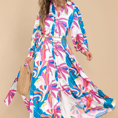 2025 Amazon Spring New Cross-border European and American Clothing Elegant Print Casual Slimming Lapel Dress