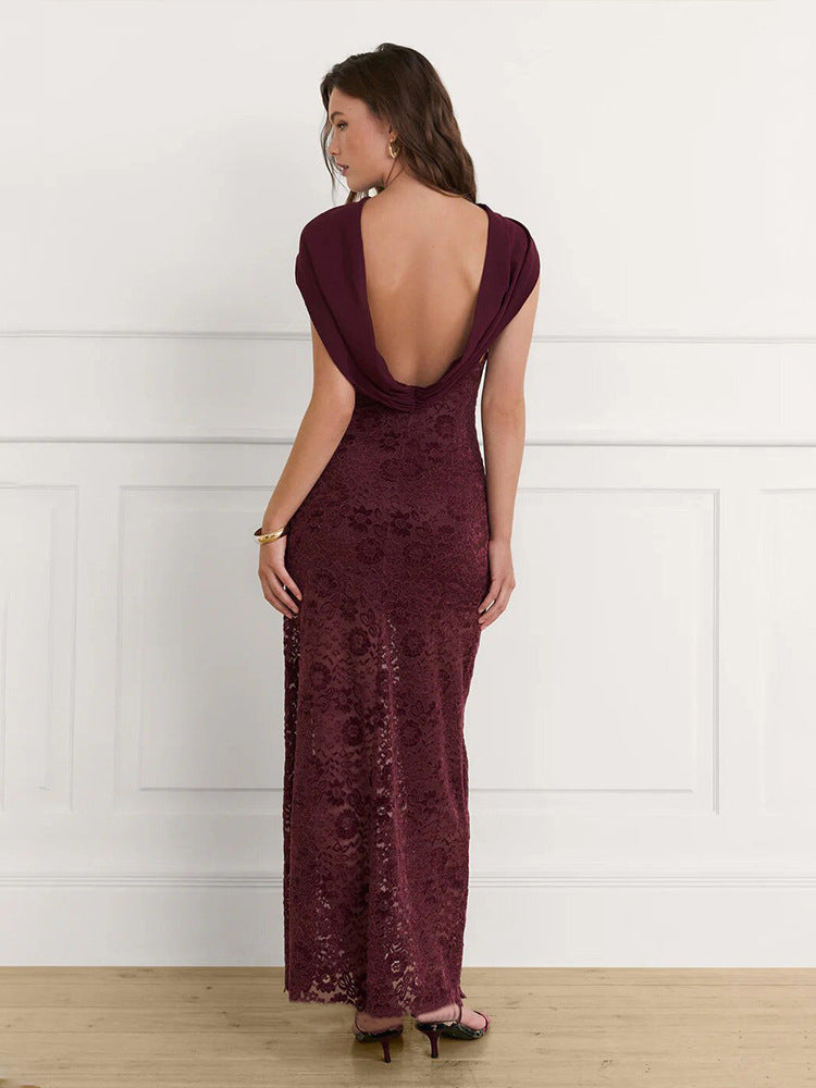 Foreign trade European and American autumn new women's fashion French temperament scarf collar sexy backless lace spliced hip wrap dress