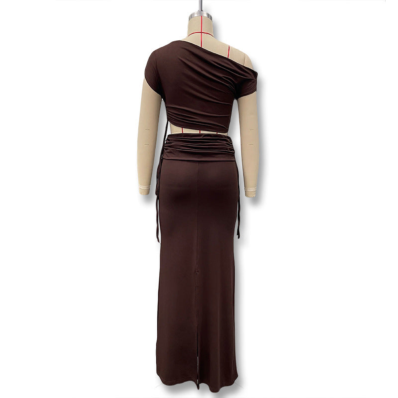 Cross-border 2025 summer new European and beautiful clothing temperament solid color diagonal collar crop top slit skirt two-piece set