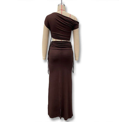 Cross-border 2025 summer new European and beautiful clothing temperament solid color diagonal collar crop top slit skirt two-piece set