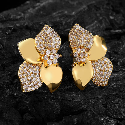 Cross-border bestseller zircon leaf geometric tassel earrings, European and American fashion, high-end stud earrings, elegant earrings wholesale for women