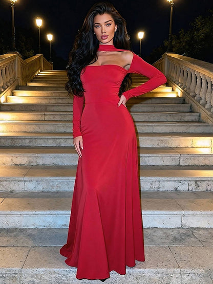 Foreign trade European beauty clothing autumn and winter new fashion solid color bandeau long sleeves waist slim temperament dress women