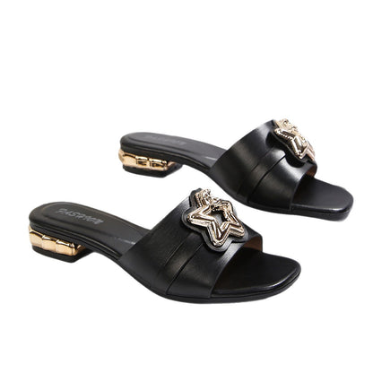 Fashionable and comfortable women's square-toe high-heeled sandals, women's slippers, elegant versatile metal decorative buckle square-toe sandals
