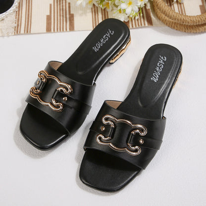Fashionable and comfortable women's square-toe high-heeled sandals, women's slippers, elegant versatile metal decorative buckle square-toe sandals