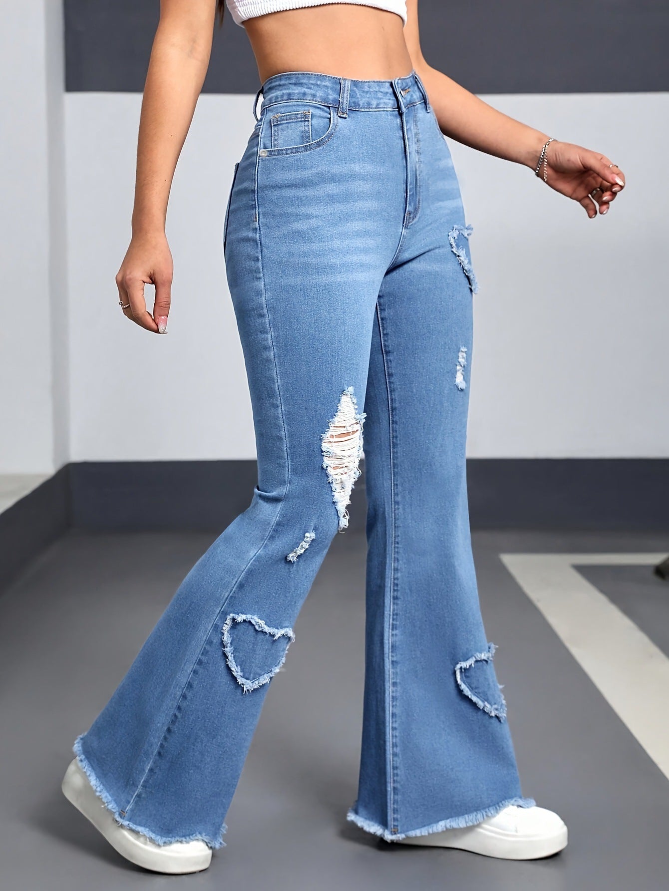 European and American women's jeans, stretch heart, pattern, ripped flared pants, fashionable casual pants, WOMEN JEANS