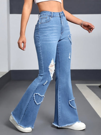 European and American women's jeans, stretch heart, pattern, ripped flared pants, fashionable casual pants, WOMEN JEANS