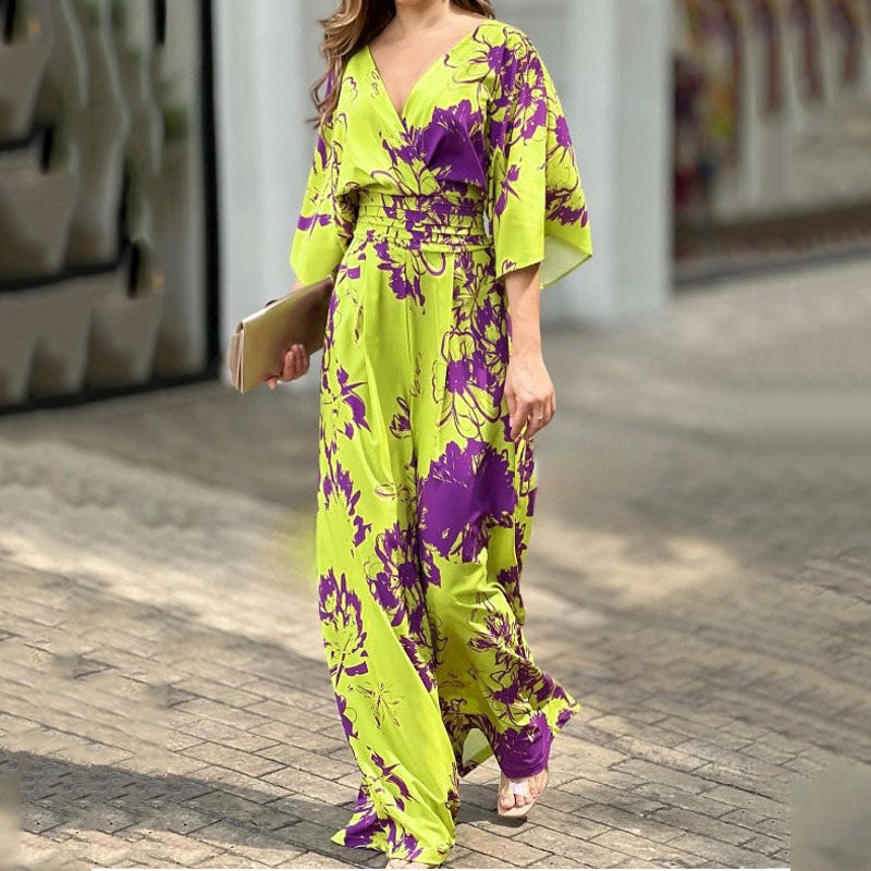 2026 spring new cross-border European and beautiful clothing temperament elegant printed loose bat sleeve high-waisted jumpsuit