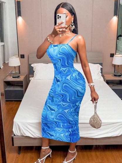 Spot Cross Border 2023 Europe and America Amazon New Fashion Print Slit Skinny Backless Slip Dress