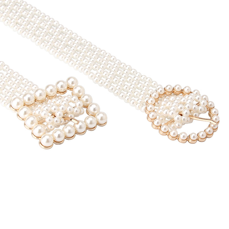 New product trend ladies belt sweet fashion imitation pearl woven waist chain elegant ladies dress decorative belt