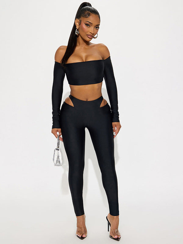 Foreign trade new European and beautiful women's clothing sexy one-shoulder short long-sleeved top hot girl tight cut-out trousers suit for women