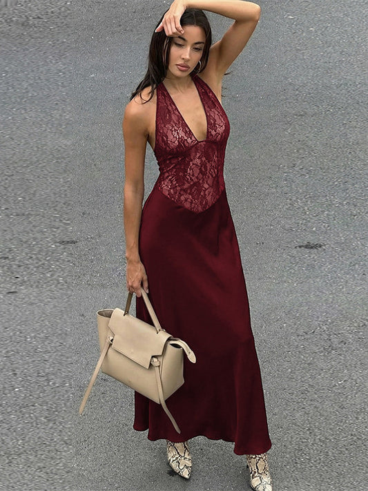 Vestido feminino moderno e sexy, com decote em V profundo, detalhes em renda, sem mangas, corte justo, decote halter e costas abertas, ao estilo europeu e americano.