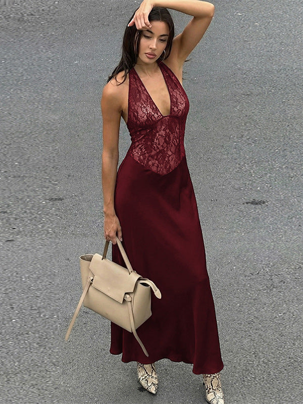 European and American style women's cross-border new sexy deep V-neck lace spliced sleeveless slim halterneck backless dress for women