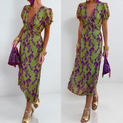 European and American cross-border women's clothing 2026 new temperament fashion printed V-neck pleated waist slim fit European and American dress women