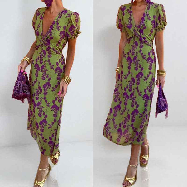 European and American cross-border women's clothing 2026 new temperament fashion printed V-neck pleated waist slim fit European and American dress women