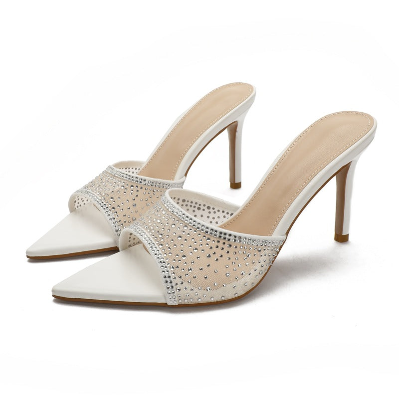 YX open-toe pointed mesh rhinestone sexy slippers women's 2026 summer wear temperament stiletto heeled sandals