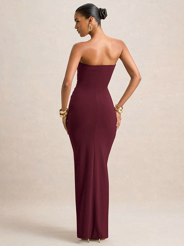 Cross-border new women's fashion solid color temperament streamer bandeau dress sexy sleeveless slim hip skirt for women