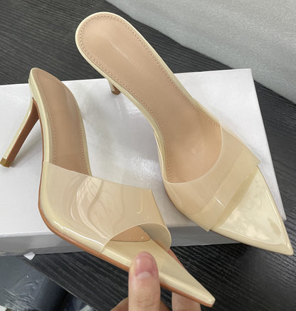 WO Huizhou New European and American Shoes Simple Nude Transparent One-Line High Heels Thin Heels Pointed Toes Are Not Tiring Feet and Versatile