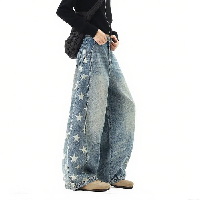 Summer American fashion brand five-star print scimitar jeans women's trend oversize loose wide-leg denim trousers