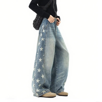 Summer American fashion brand five-star print scimitar jeans women's trend oversize loose wide-leg denim trousers