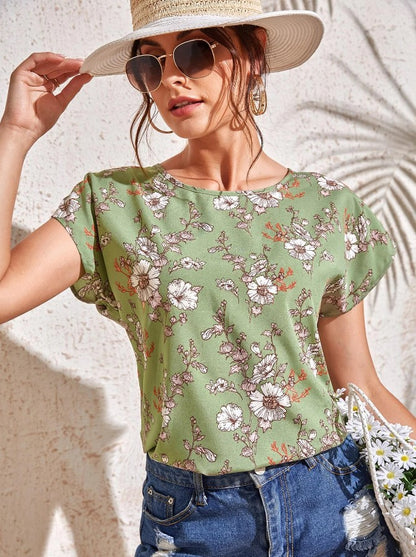 In stock European and American cross-border 2024 Amazon spring/summer new crew neck flower print bat sleeve liner top for women