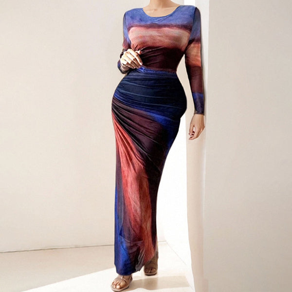 2025 cross-border Amazon spring European and beautiful women's clothing temperament is elegant and sexy, slim-fitting, long-waisted, long-sleeved dress