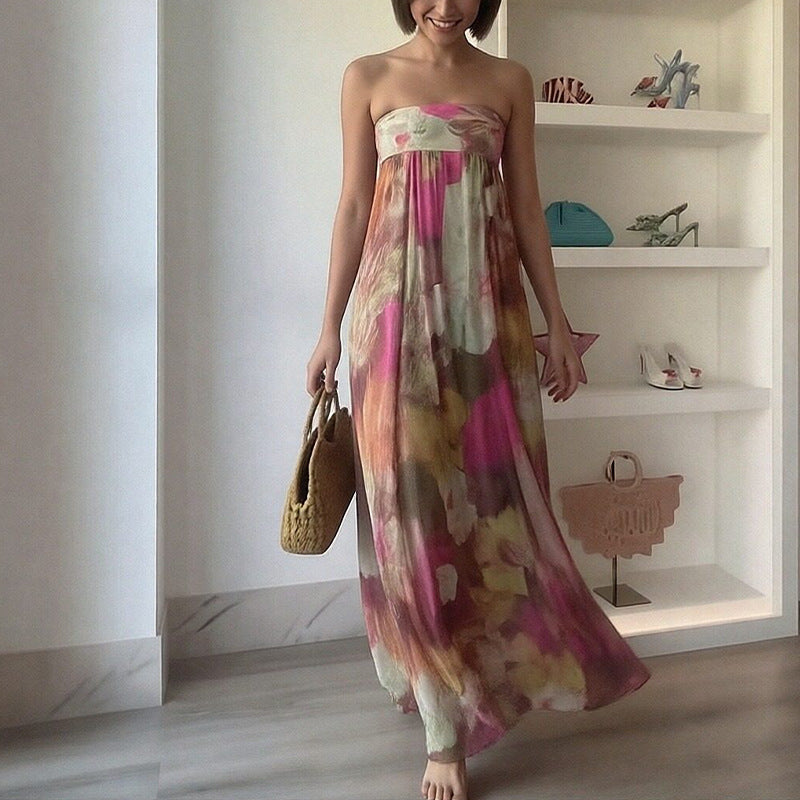 2026 spring new cross-border European and beautiful women's clothing sexy printed bandeau dress temperament commuter fashion long skirt