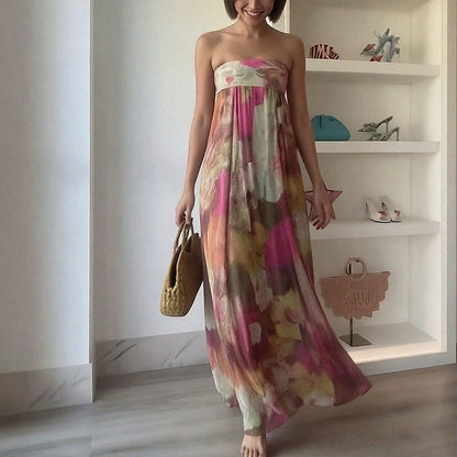 2026 spring new cross-border European and beautiful women's clothing sexy printed bandeau dress temperament commuter fashion long skirt