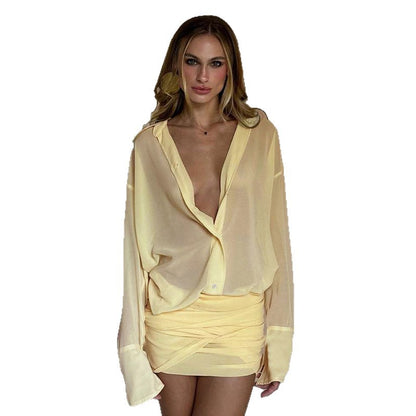 Cross-border European and American women's autumn and winter new sexy lapel cardigan slim fit, strap strap hip temperament shirt dress woman