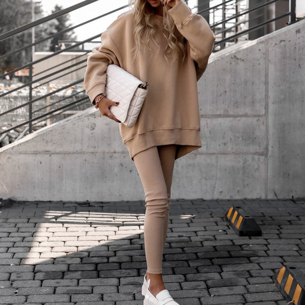 2026 spring new cross-border European beauty clothing ins crew neck irregular tight long-sleeved sweatshirt fashion set - view 2 | Ciaura