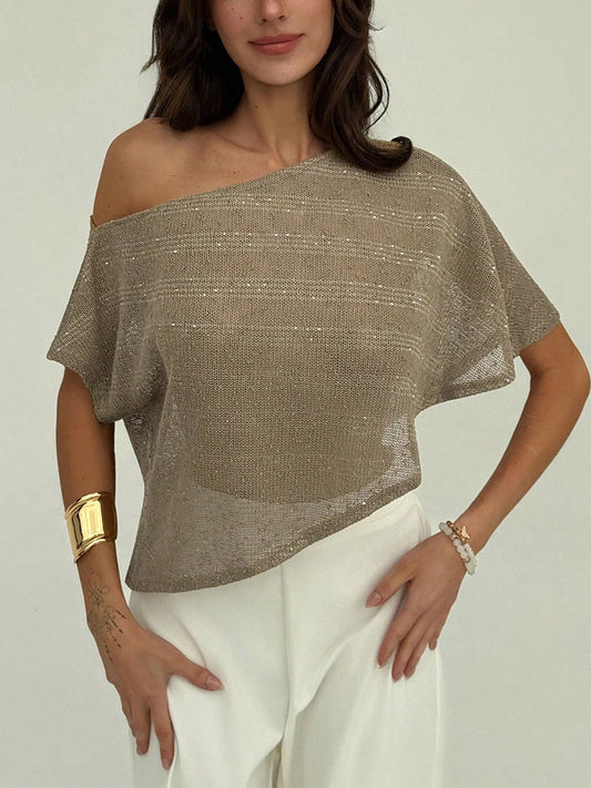 AliExpress foreign trade 2025 summer cross-border European and American loose T-shirt slanted shoulder SMS sequins semi-transparent pullover top for women