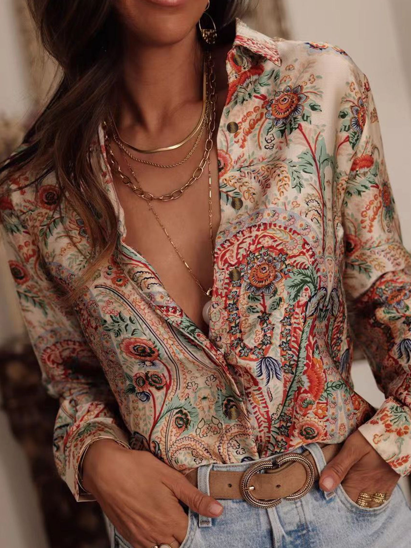 Cross-border European and American temperament casual summer long sleeve printed lapel shirt casual resort women's shirt plus size extra large
