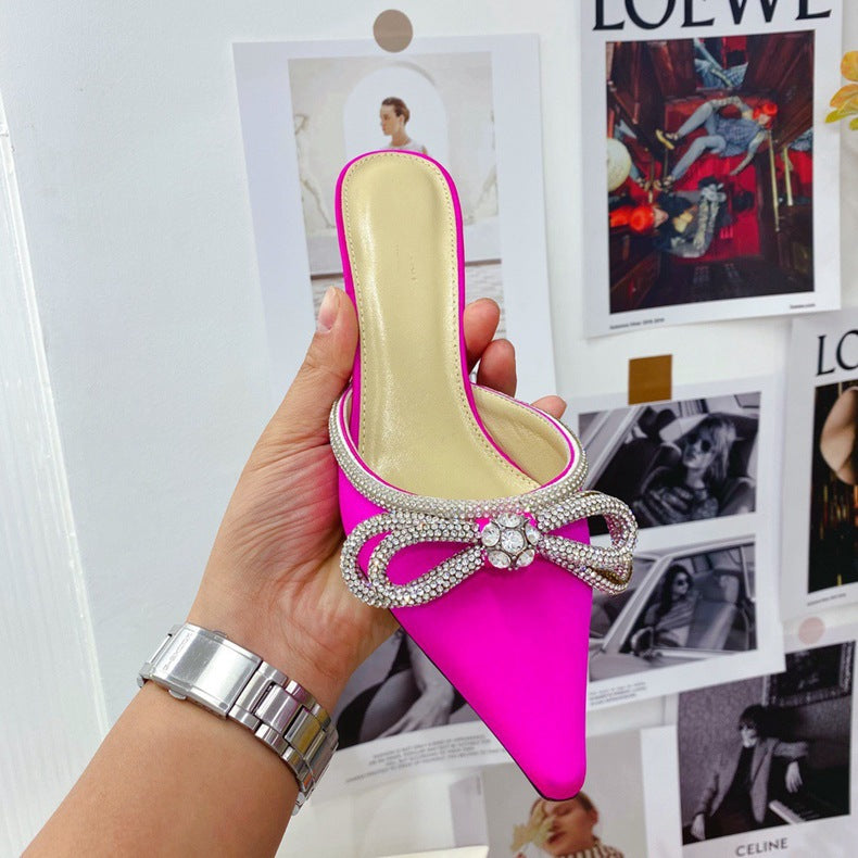 Summer toe-toed back air high heel sandals bow rhinestone high heels female European and American design niche high heel slippers
