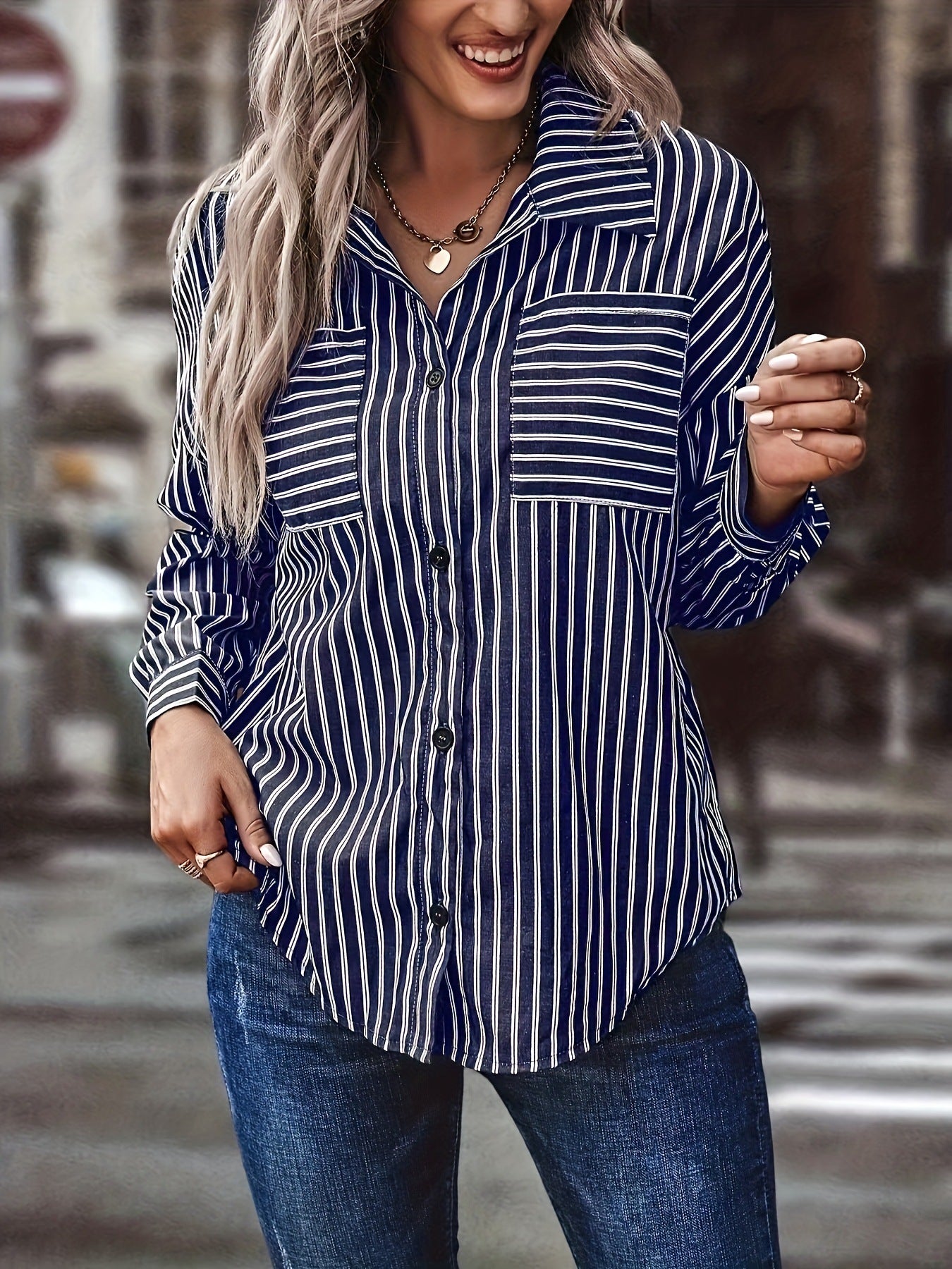 Amazon European and American women's striped shirt with double pockets on the chest, suitable for office wear in spring and autumn