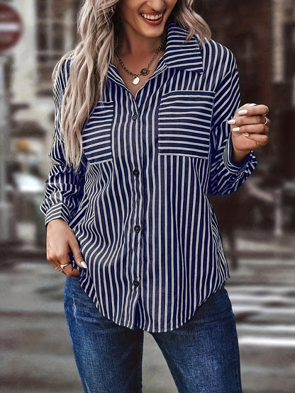 Amazon European and American women's striped shirt with double pockets on the chest, suitable for office wear in spring and autumn