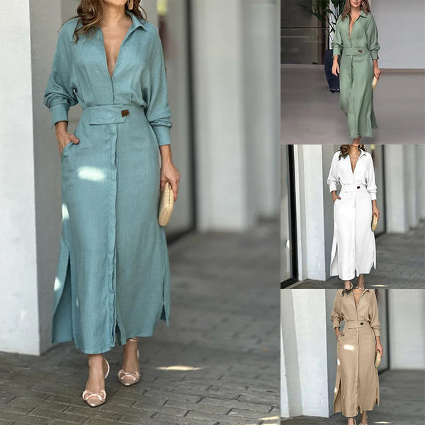 2026 European and American New Temperament Women's Lace-up Solid Color Waist Long Sleeve Irregular Shirt European and American Dress