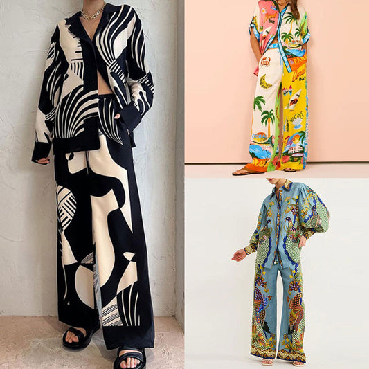 Foreign trade 2026 European and beautiful women's clothing new temperament trend lazy style printed shirt long sleeve fashion suit women's two