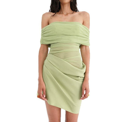 Cross-border wholesale 2025 summer new European and American women's clothing sexy one-shoulder mesh splicing hollow hip wrap dress