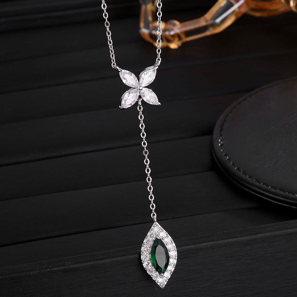 RAKOL Sweet Butterfly Copper Silver Plated Four-Leaf Clover Emerald Y-Shaped Necklace Light Luxury Diamond-Encrusted Tassel Pendant Wholesale