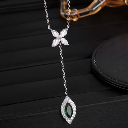 RAKOL Sweet Butterfly Copper Silver Plated Four-Leaf Clover Emerald Y-Shaped Necklace Light Luxury Diamond-Encrusted Tassel Pendant Wholesale