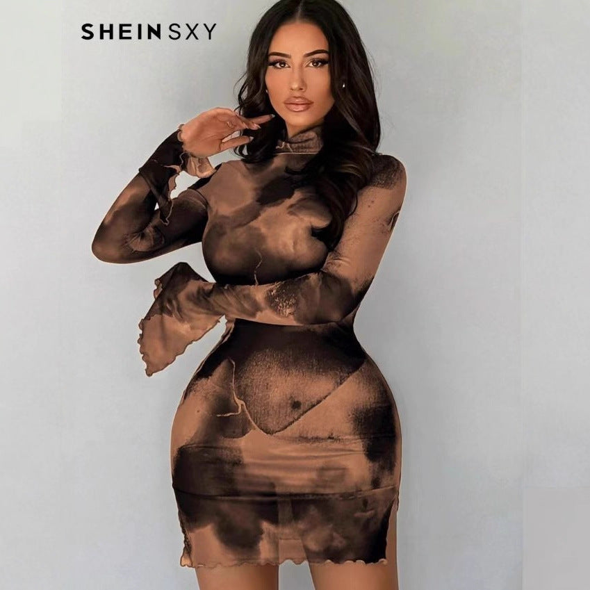 2025 Amazon European and Beauty Spring and Autumn New Tie-dye Long Sleeve Sheer Slim Hot Girl Slit Dress Female