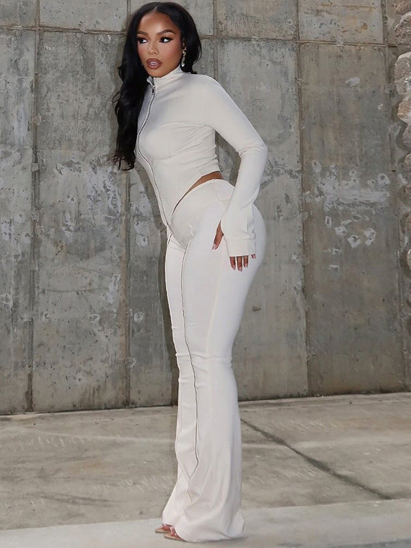 Cross-border autumn and winter new European and American clothing solid color stand-up collar sexy crop top long sleeve top high-waisted bell bottom pants suit for women