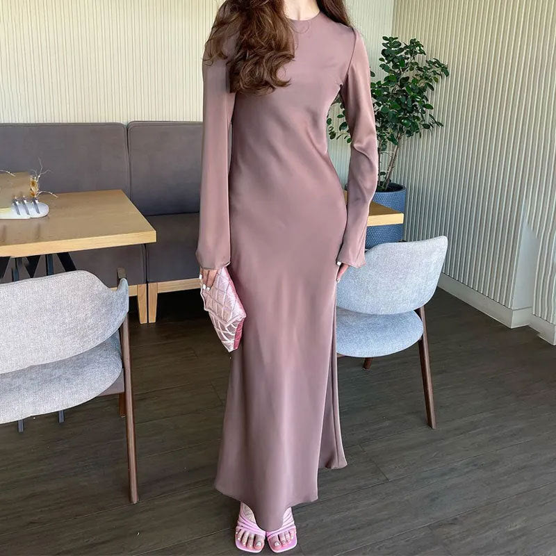 Amazon European and American foreign trade women's new French elegant solid color crew neck waist long sleeve temperament dress 661