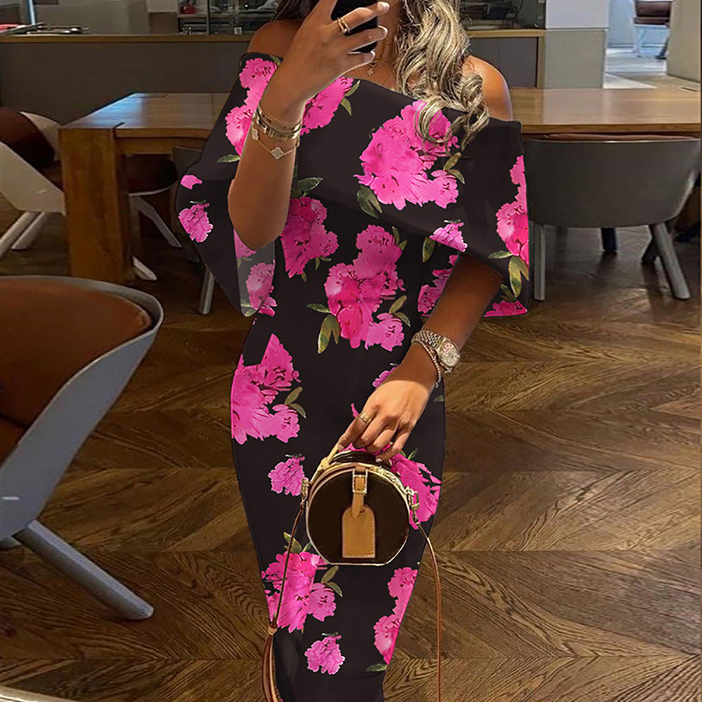 2026 New Independent Station European Beauty Clothing Slanted Shoulder Print Sexy Hip Skirt Slim Temperament Dress Women's 661