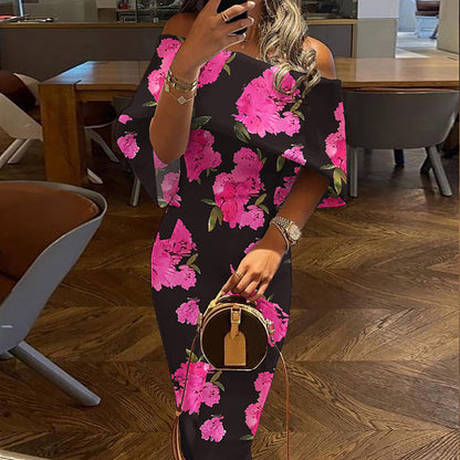 2026 New Independent Station European Beauty Clothing Slanted Shoulder Print Sexy Hip Skirt Slim Temperament Dress Women's 661