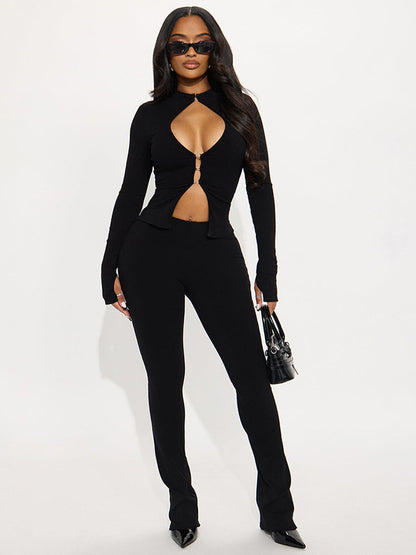 European and American cross-border autumn new women's clothing sexy hot girl cut-out hook top zipper tight trousers solid color suit