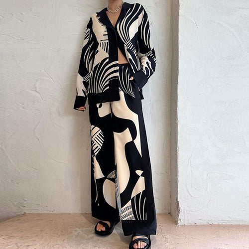 2026 spring new cross-border European and American clothing trendy fashion printed suit long cardigan straight-leg pants two-piece set